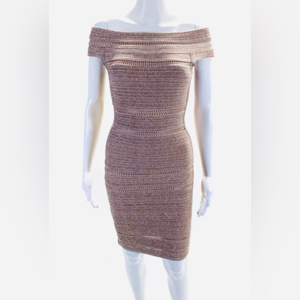 Herve Leger Womens Pink Metallic Off Shoulder Bodycon Pencil Dress Size S